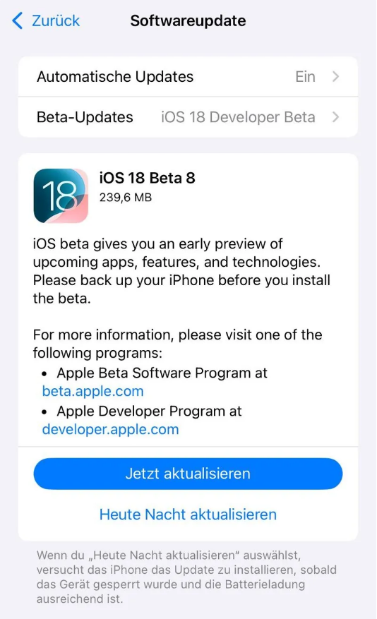 营根镇苹果手机维修分享苹果 iOS / iPadOS 18 开发者预览版 Beta 8 发布 